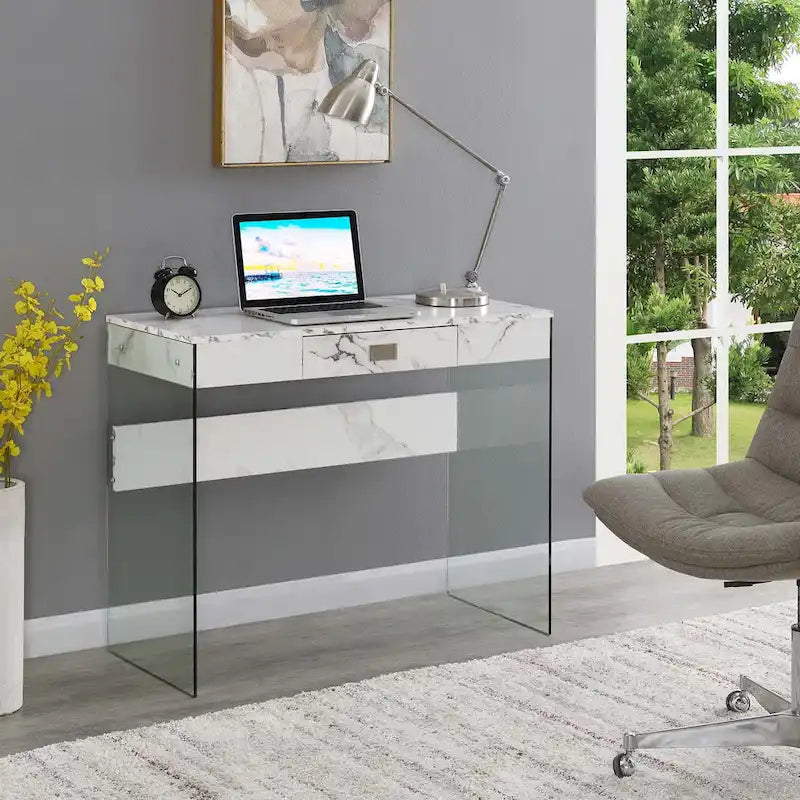 Scrivania moderna multicolore con lato in vetro e cassetto, singola