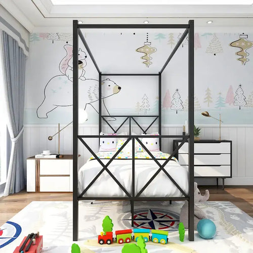 Telaio per letto a baldacchino in metallo nero, testiera a forma di X, piazza singola/piazza francese/matrimoniale, 1-2 persone