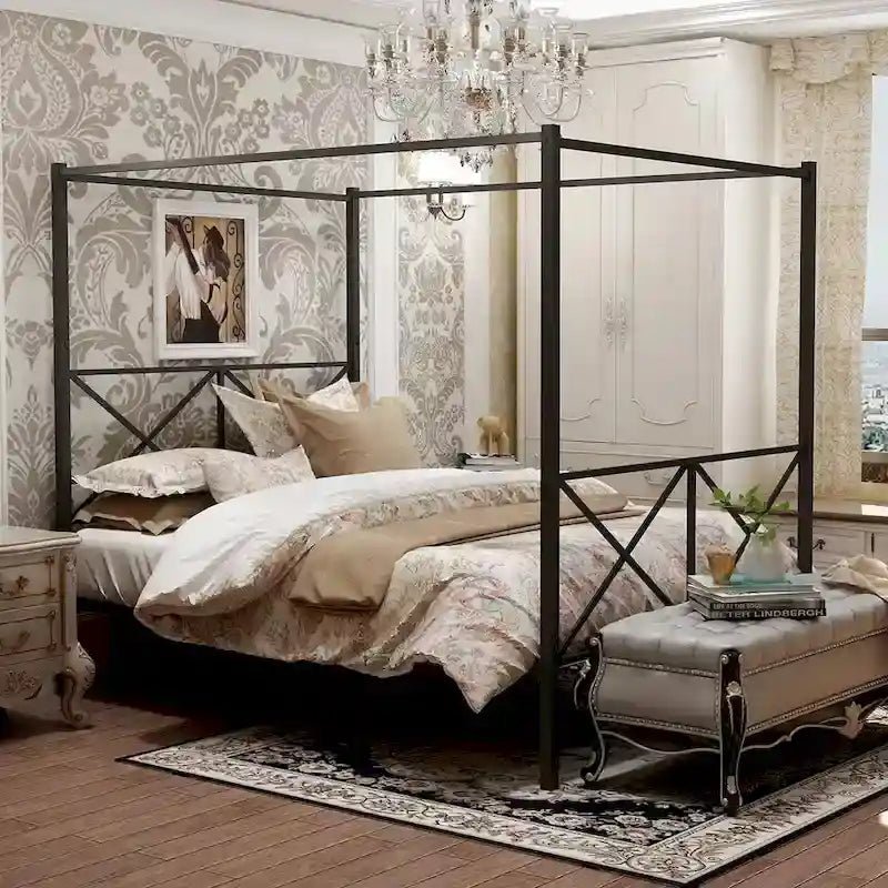 Telaio per letto a baldacchino in metallo nero, testiera a forma di X, piazza singola/piazza francese/matrimoniale, 1-2 persone