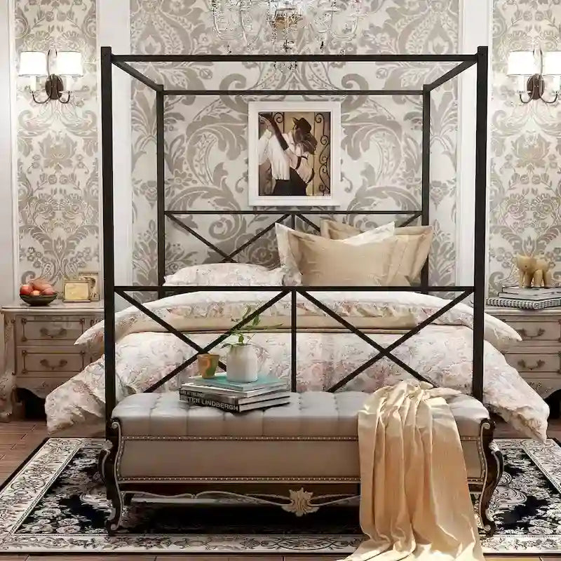 Telaio per letto a baldacchino in metallo nero, testiera a forma di X, piazza singola/piazza francese/matrimoniale, 1-2 persone