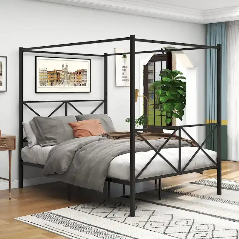 Telaio per letto a baldacchino in metallo nero, testiera a forma di X, piazza singola/piazza francese/matrimoniale, 1-2 persone