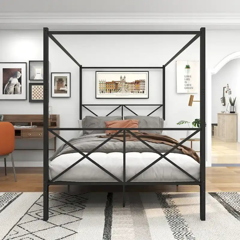 Telaio per letto a baldacchino in metallo nero, testiera a forma di X, piazza singola/piazza francese/matrimoniale, 1-2 persone