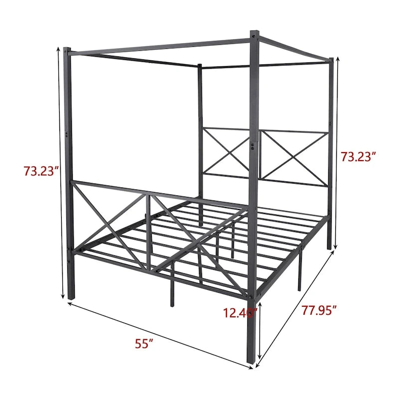 Telaio per letto a baldacchino in metallo nero, testiera a forma di X, piazza singola/piazza francese/matrimoniale, 1-2 persone