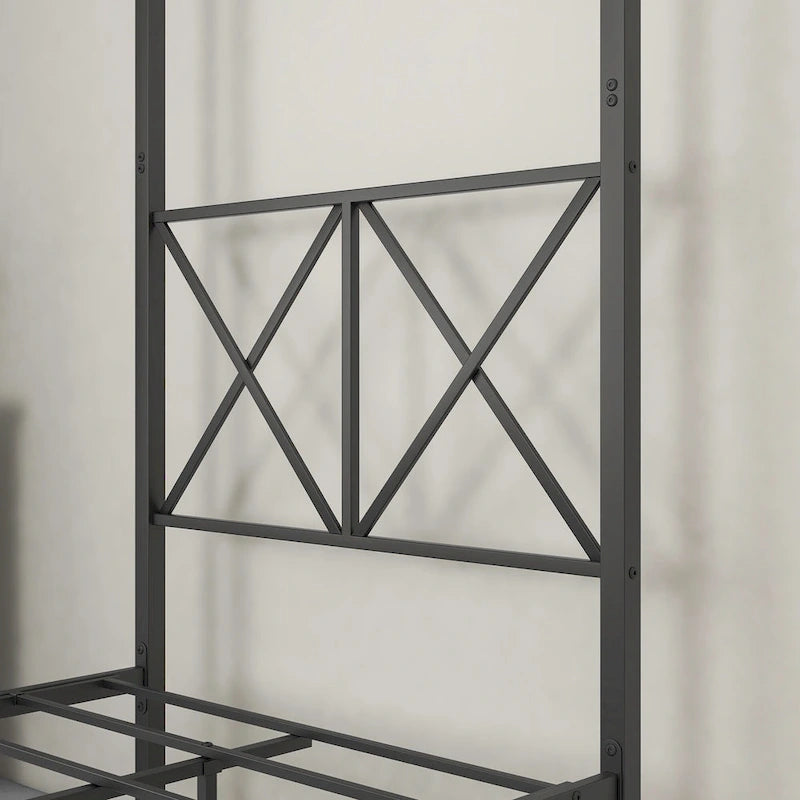 Telaio per letto a baldacchino in metallo nero, testiera a forma di X, piazza singola/piazza francese/matrimoniale, 1-2 persone