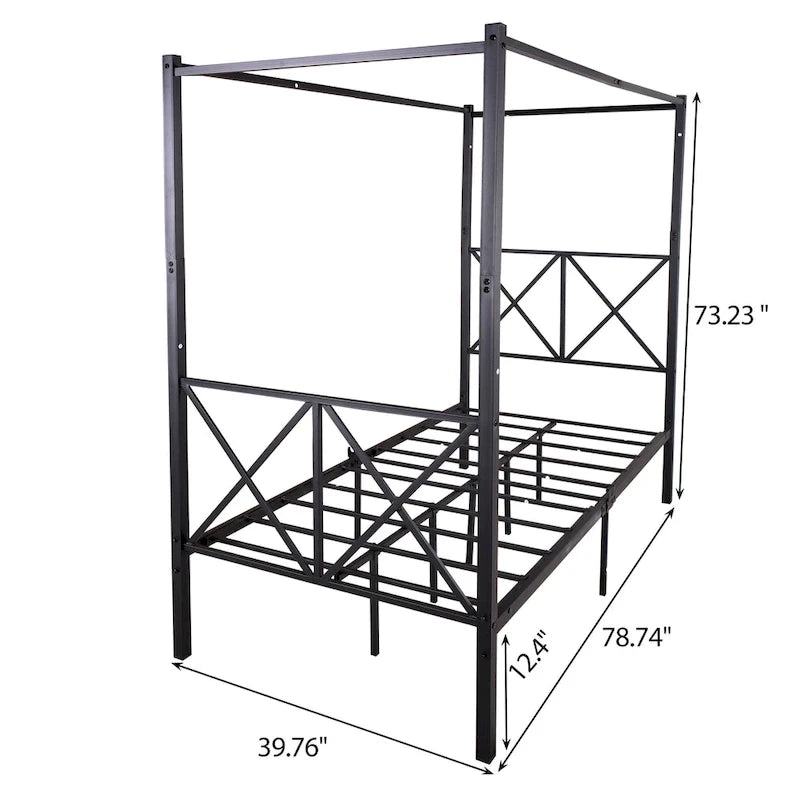 Telaio per letto a baldacchino in metallo nero, testiera a forma di X, piazza singola/piazza francese/matrimoniale, 1-2 persone