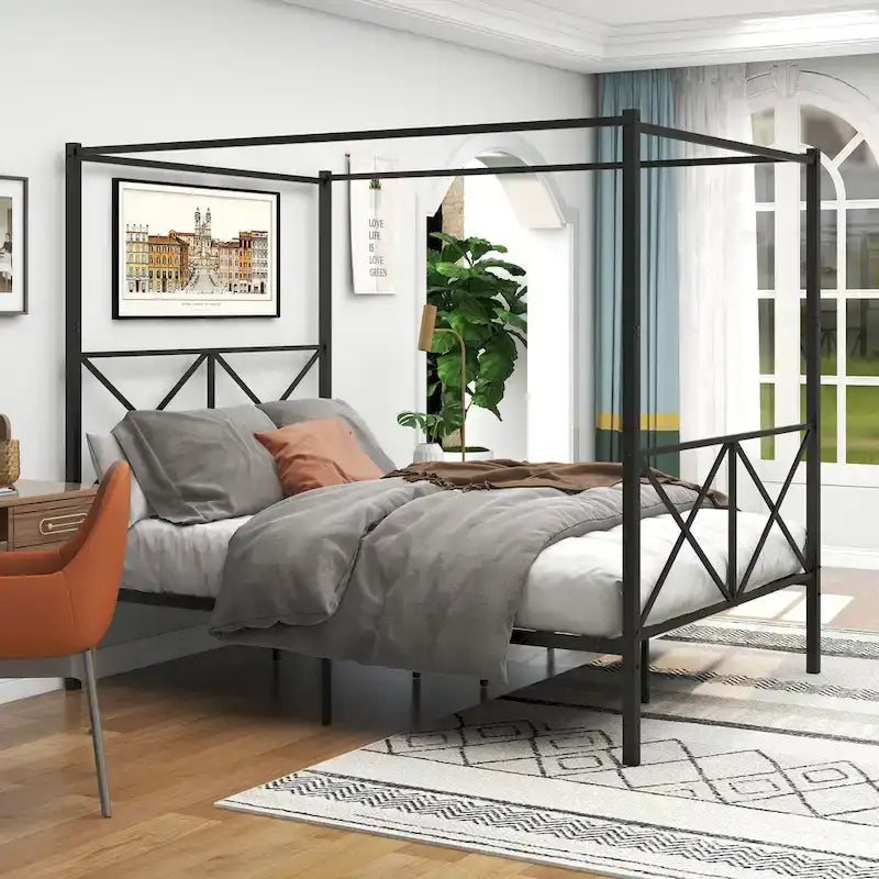 Telaio per letto a baldacchino in metallo nero, testiera a forma di X, piazza singola/piazza francese/matrimoniale, 1-2 persone