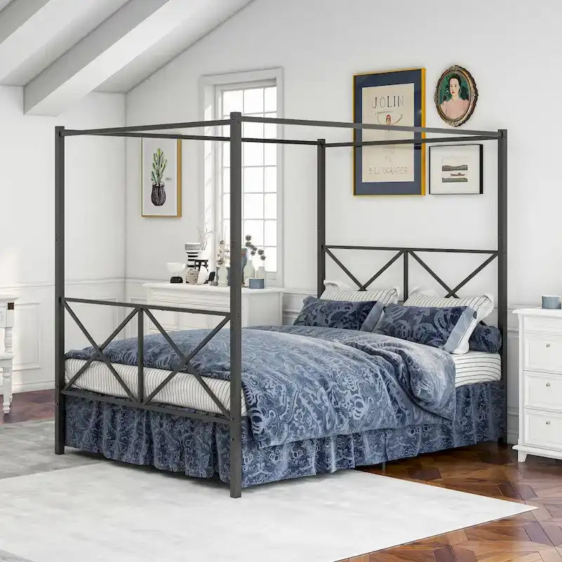 Telaio per letto a baldacchino in metallo nero, testiera a forma di X, piazza singola/piazza francese/matrimoniale, 1-2 persone