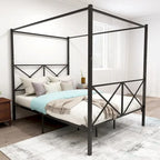 Telaio per letto a baldacchino in metallo nero, testiera a forma di X, piazza singola/piazza francese/matrimoniale, 1-2 persone