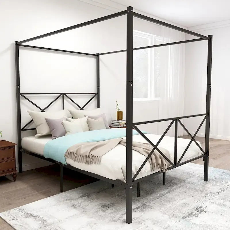 Telaio per letto a baldacchino in metallo nero, testiera a forma di X, piazza singola/piazza francese/matrimoniale, 1-2 persone