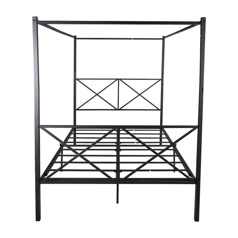 Telaio per letto a baldacchino in metallo nero, testiera a forma di X, piazza singola/piazza francese/matrimoniale, 1-2 persone