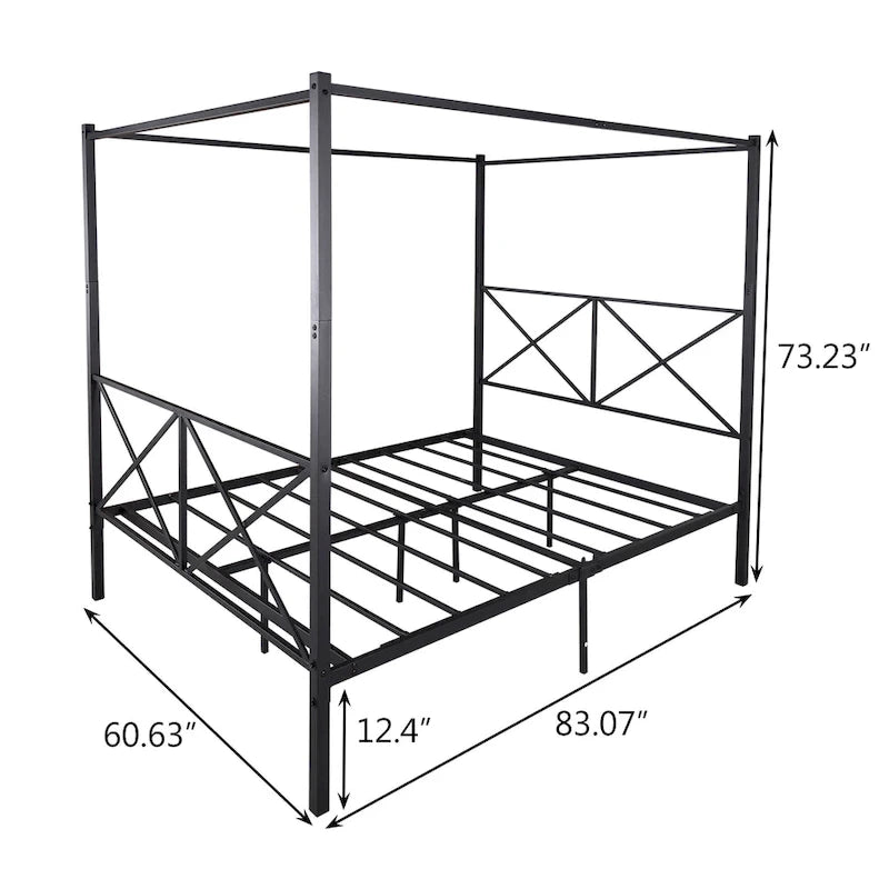 Telaio per letto a baldacchino in metallo nero, testiera a forma di X, piazza singola/piazza francese/matrimoniale, 1-2 persone