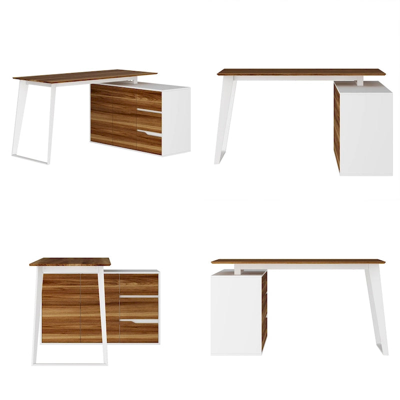 Scrivania angolare a L marrone/nera con mobile contenitore, postazione di lavoro per 2 persone