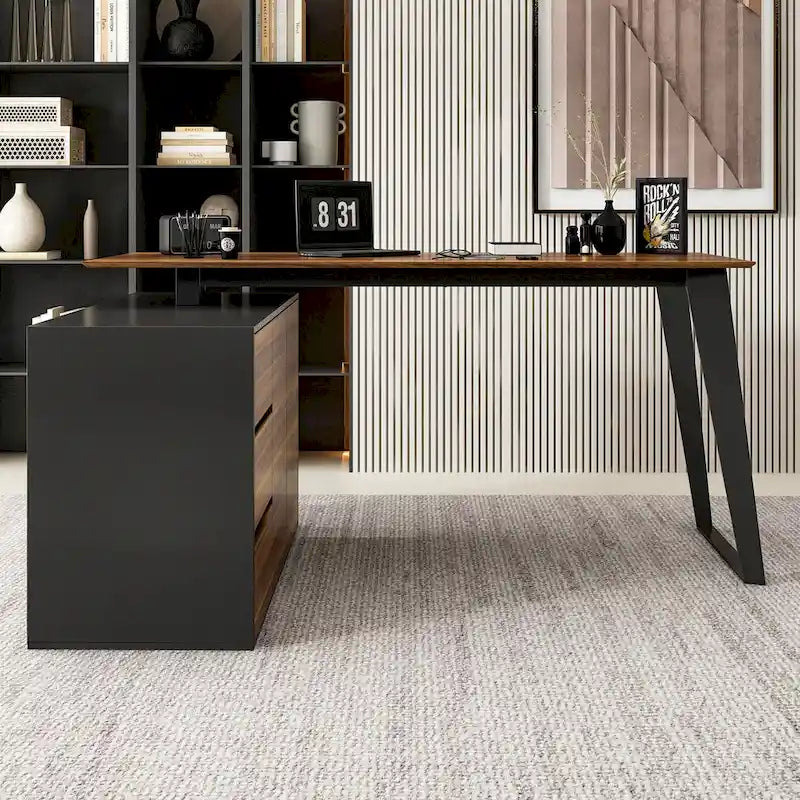 Scrivania angolare a L marrone/nera con mobile contenitore, postazione di lavoro per 2 persone