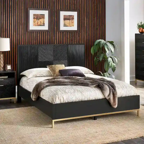 Set camera da letto Queen con Chevron Nero Intagliato e Gambe Dorate – da 3 a 6 Pezzi