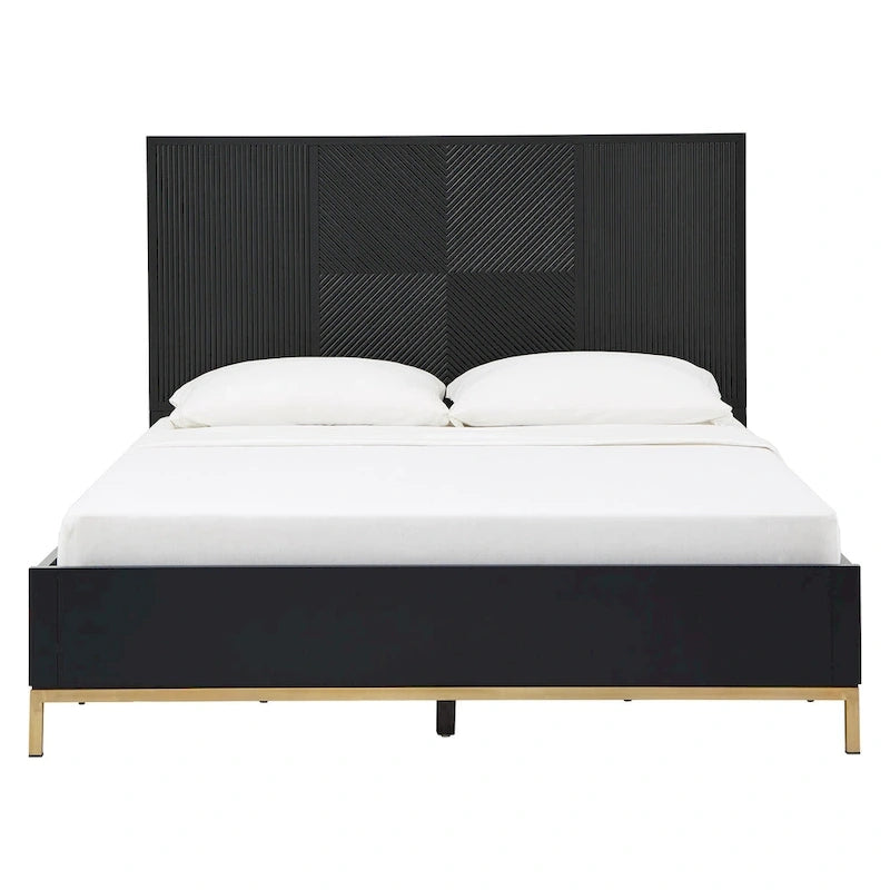 Set camera da letto Queen con Chevron Nero Intagliato e Gambe Dorate – da 3 a 6 Pezzi