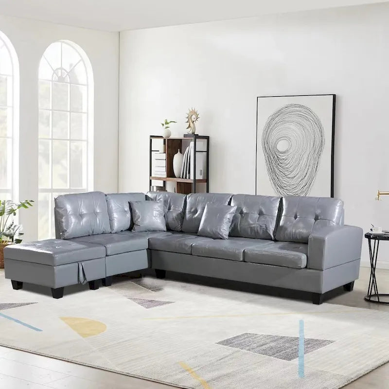 Divano Sezionale a 3 Posti in Similpelle Marrone con Chaise Longue Sinistra e Pouf Contenitore