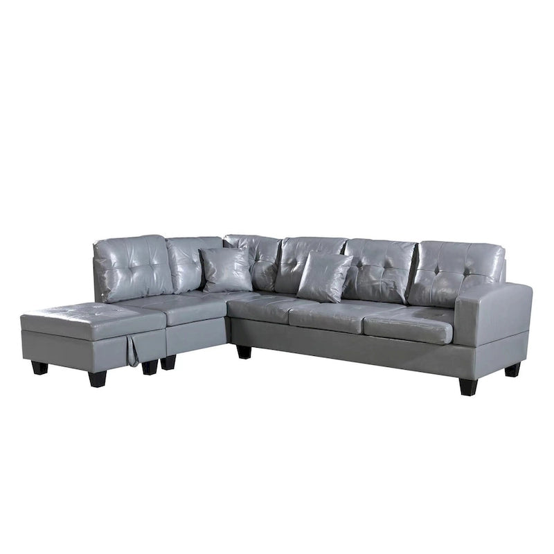 Divano Sezionale a 3 Posti in Similpelle Marrone con Chaise Longue Sinistra e Pouf Contenitore