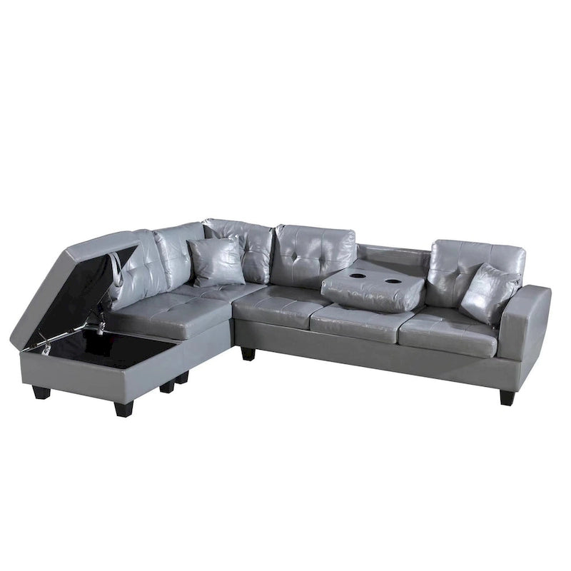 Divano Sezionale a 3 Posti in Similpelle Marrone con Chaise Longue Sinistra e Pouf Contenitore