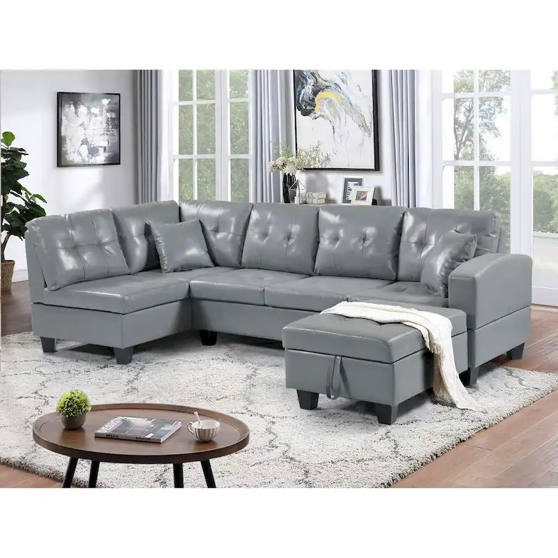 Divano Sezionale a 3 Posti in Similpelle Marrone con Chaise Longue Sinistra e Pouf Contenitore
