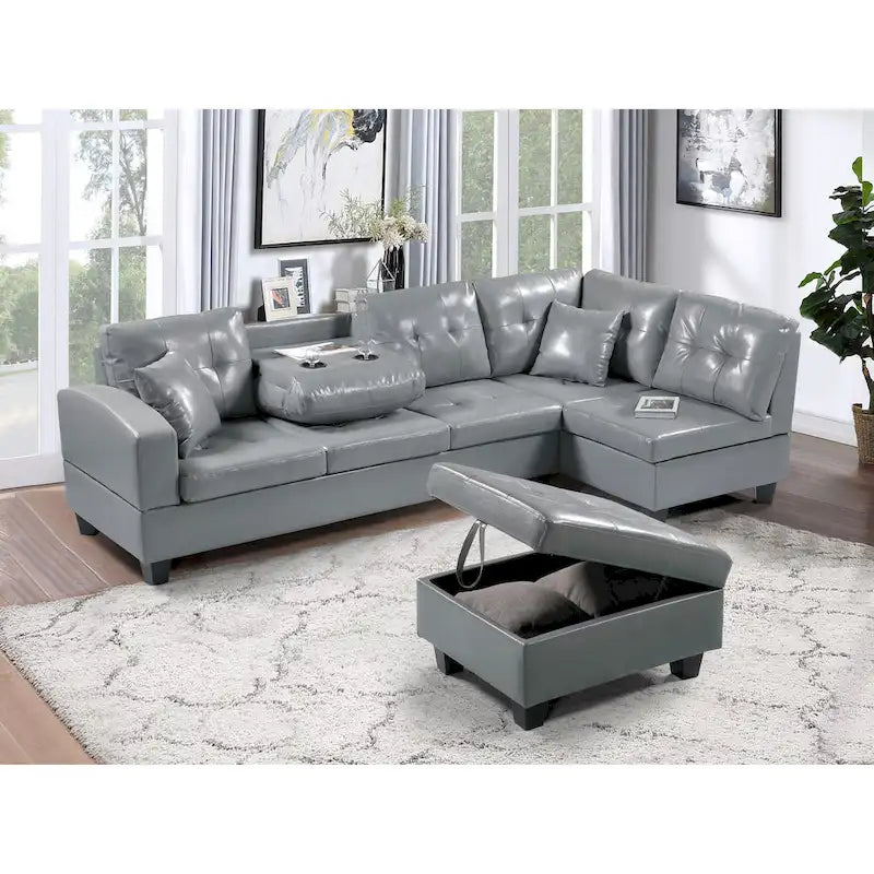 Divano Sezionale a 3 Posti in Similpelle Marrone con Chaise Longue Sinistra e Pouf Contenitore