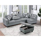 Divano Sezionale a 3 Posti in Similpelle Marrone con Chaise Longue Sinistra e Pouf Contenitore