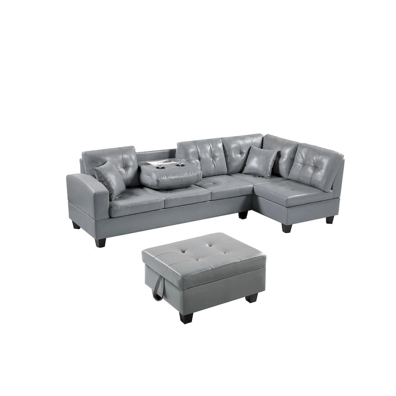 Divano Sezionale a 3 Posti in Similpelle Marrone con Chaise Longue Sinistra e Pouf Contenitore