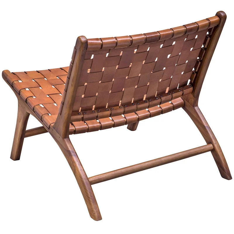 Poltrona con struttura in teak e seduta in pelle naturale color cognac intrecciata, 1 posto