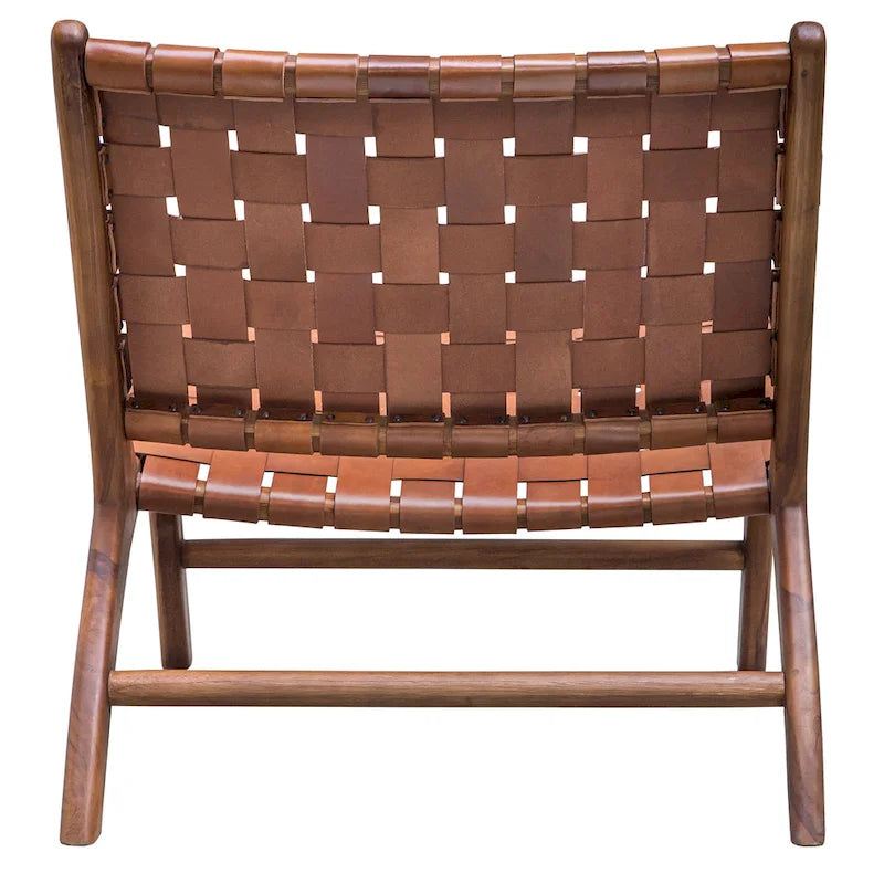Poltrona con struttura in teak e seduta in pelle naturale color cognac intrecciata, 1 posto