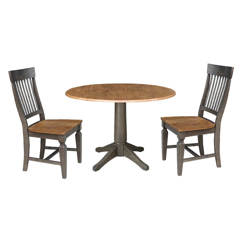 Set da pranzo rotondo con tavolo a ribalta Hickory/Washed Coal, 2 posti, sedie con schienale a doghe