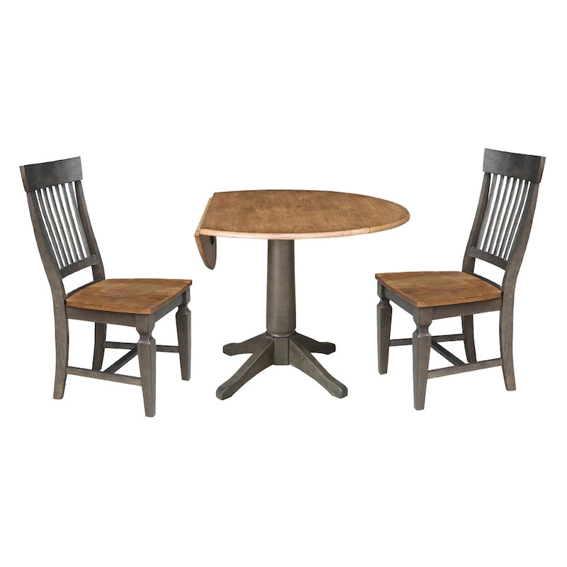 Set da pranzo rotondo con tavolo a ribalta Hickory/Washed Coal, 2 posti, sedie con schienale a doghe