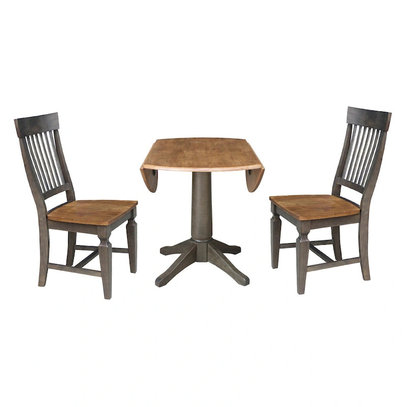 Set da pranzo rotondo con tavolo a ribalta Hickory/Washed Coal, 2 posti, sedie con schienale a doghe