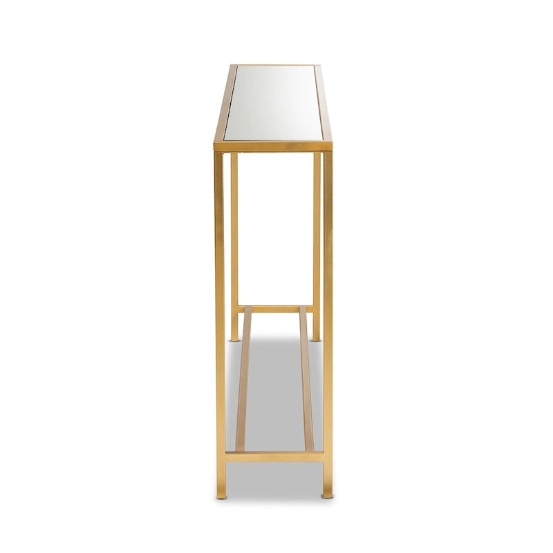 Tavolo Consolle in Vetro Specchiato con Cornice in Metallo Dorato, Stile Moderno, Montaggio da 1 Persona
