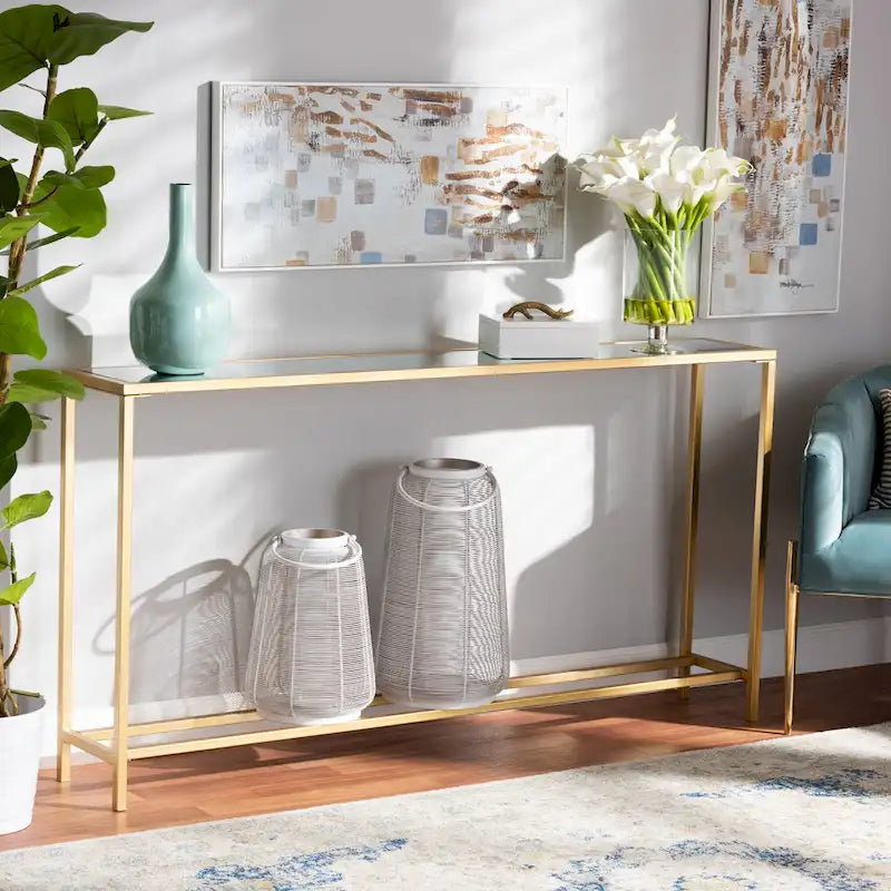 Tavolo Consolle in Vetro Specchiato con Cornice in Metallo Dorato, Stile Moderno, Montaggio da 1 Persona