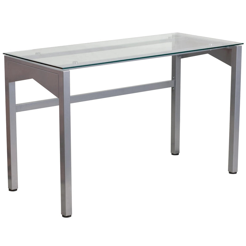 Scrivania da computer monoposto con ripiano in vetro trasparente, struttura geometrica argentata