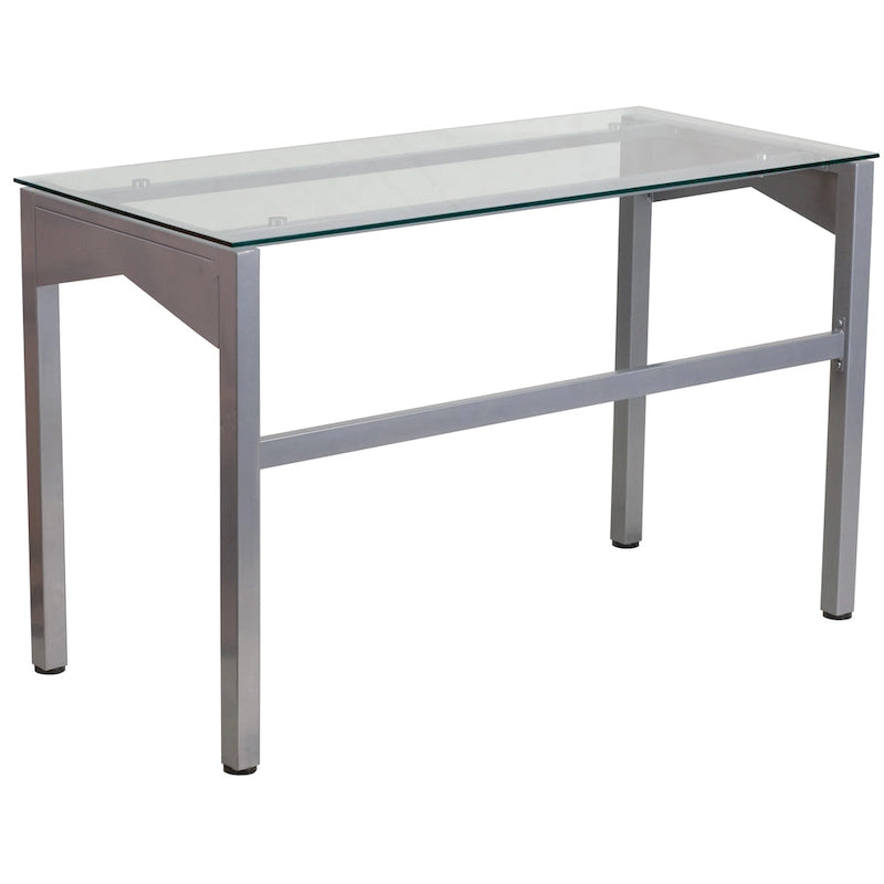 Scrivania da computer monoposto con ripiano in vetro trasparente, struttura geometrica argentata