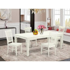 Set da pranzo rettangolare color lino con sedie con seduta in legno, opzioni da 5/7/9 pezzi