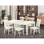 Set da pranzo rettangolare color lino con sedie con seduta in legno, opzioni da 5/7/9 pezzi