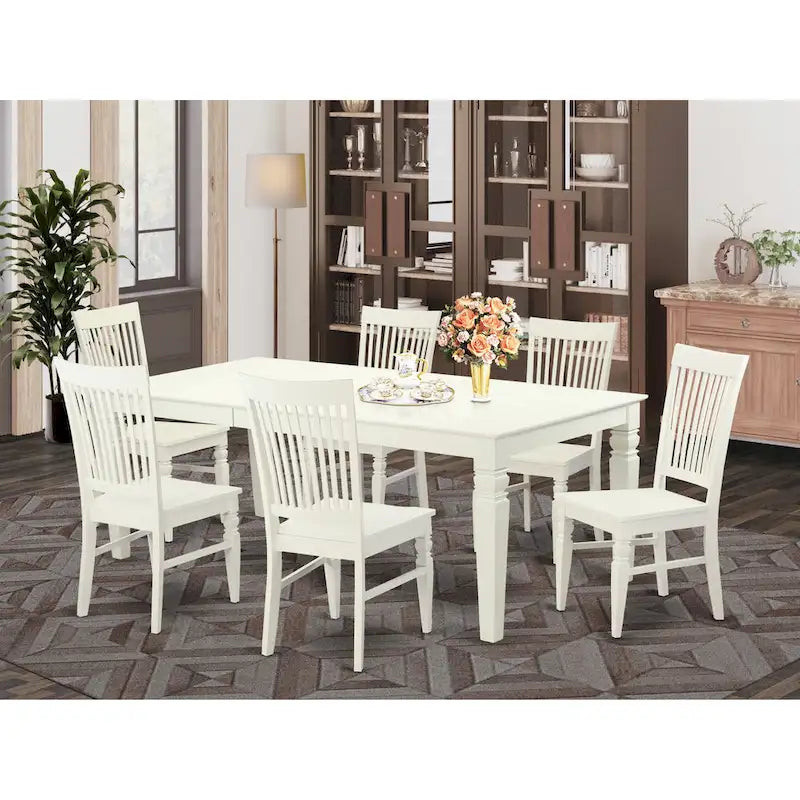 Set da pranzo rettangolare color lino con sedie con seduta in legno, opzioni da 5/7/9 pezzi