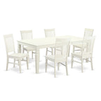 Set da pranzo rettangolare color lino con sedie con seduta in legno, opzioni da 5/7/9 pezzi