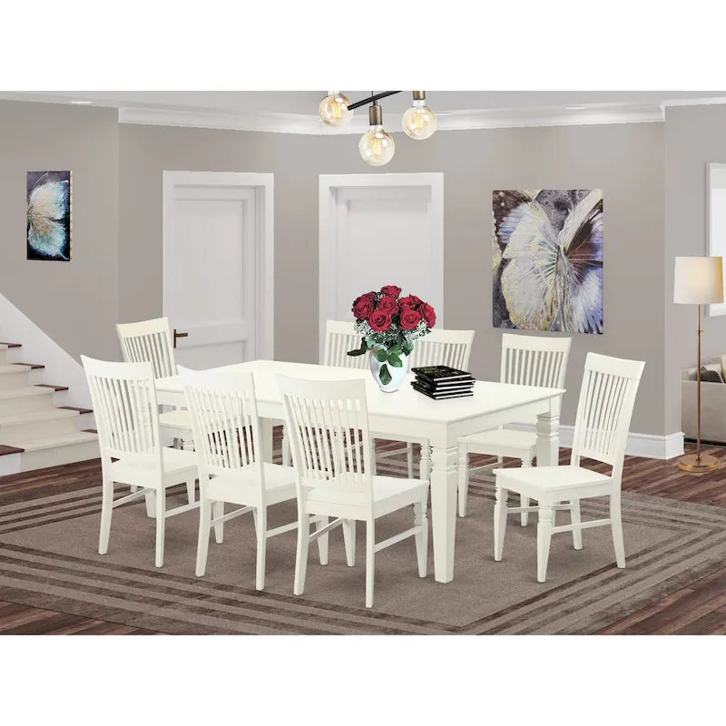 Set da pranzo rettangolare color lino con sedie con seduta in legno, opzioni da 5/7/9 pezzi