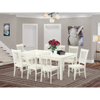 Set da pranzo rettangolare color lino con sedie con seduta in legno, opzioni da 5/7/9 pezzi