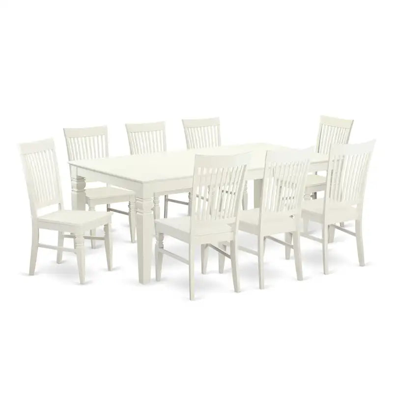 Set da pranzo rettangolare color lino con sedie con seduta in legno, opzioni da 5/7/9 pezzi