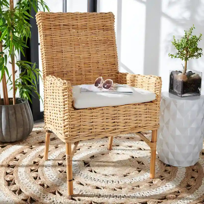 Poltrona con cuscino in rattan costiero sbiancato bianco/naturale e grigio, monoposto