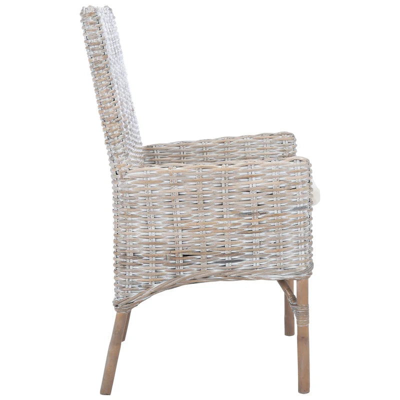 Poltrona con cuscino in rattan costiero sbiancato bianco/naturale e grigio, monoposto