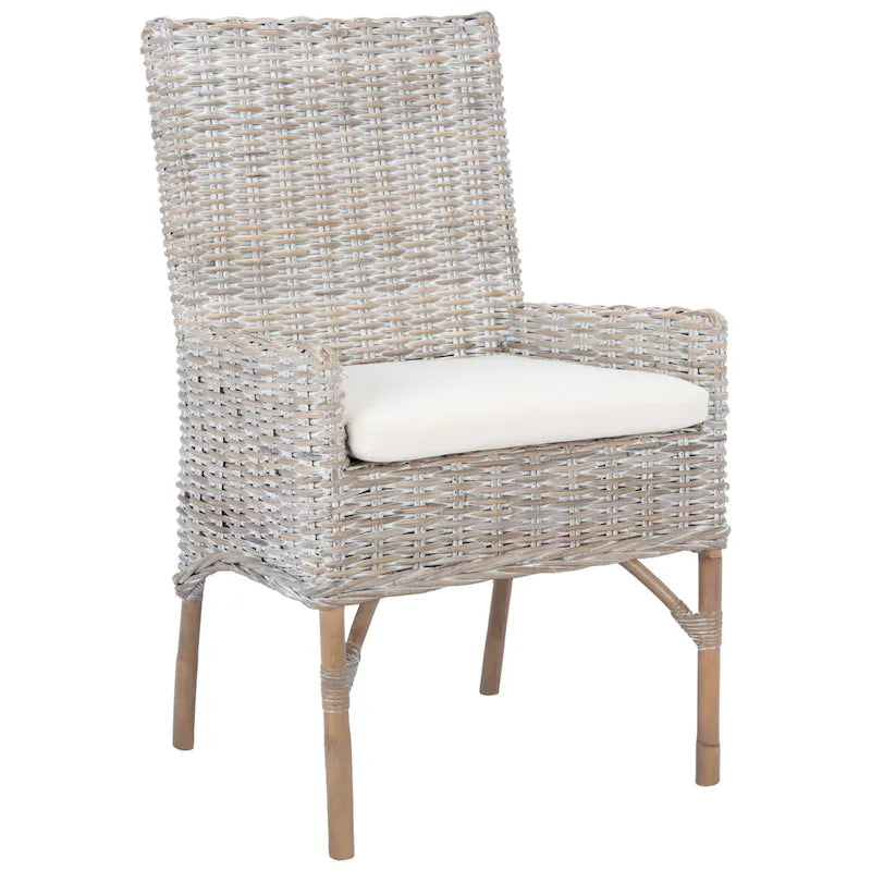 Poltrona con cuscino in rattan costiero sbiancato bianco/naturale e grigio, monoposto