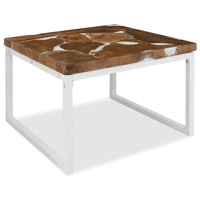 Tavolino da caffè in teak e resina, struttura in acciaio bianco, tavolino da appoggio per 1 persona