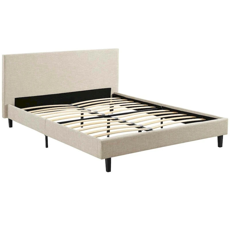 Letto a piattaforma Queen imbottito in lino – Bianco / Verde acqua / Beige, 2 posti letto