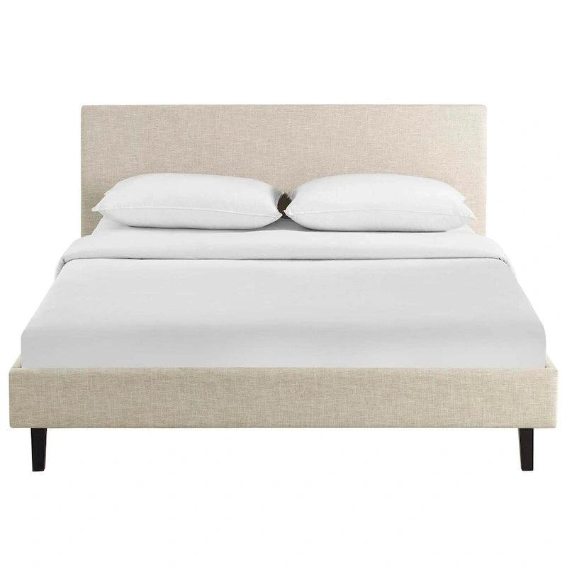 Letto a piattaforma Queen imbottito in lino – Bianco / Verde acqua / Beige, 2 posti letto