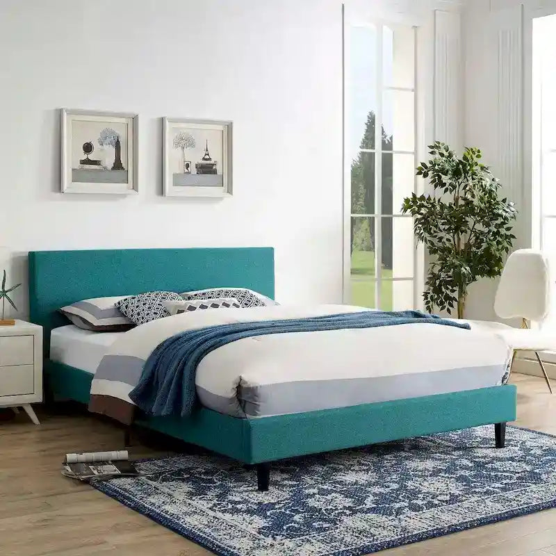 Letto a piattaforma Queen imbottito in lino – Bianco / Verde acqua / Beige, 2 posti letto
