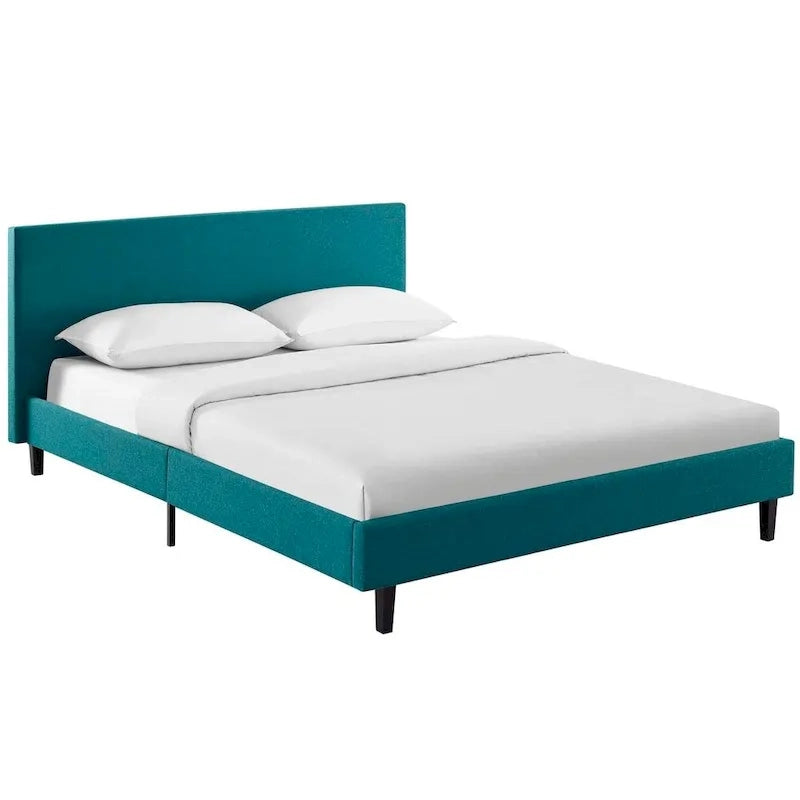 Letto a piattaforma Queen imbottito in lino – Bianco / Verde acqua / Beige, 2 posti letto